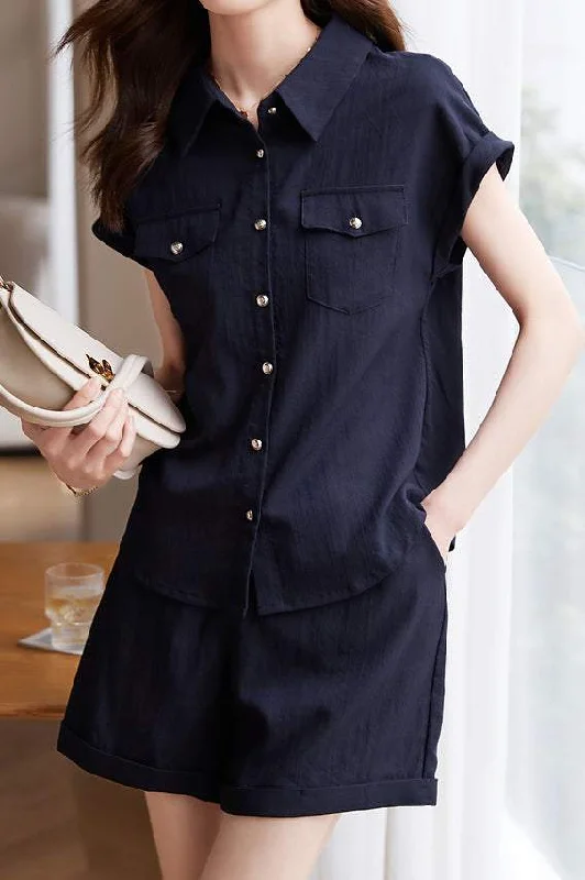 three-quarter sleeve women's topsTwo-Piece Set: Office Style French Sleeve Shirt + Tuck-In Roll-Up Shorts