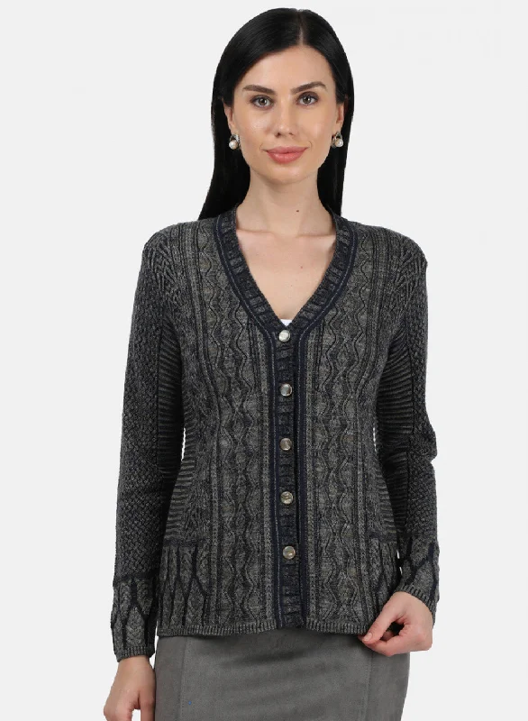 Plus-Size Flannel SweatersWomen Navy Blue Solid Cardigan