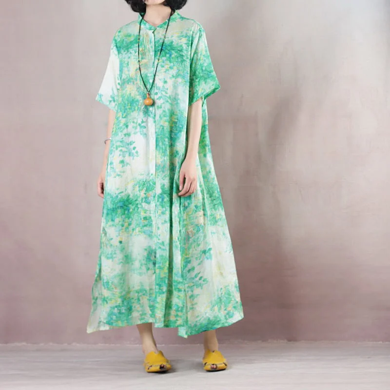 women's sustainable shortsfine green linen caftans oversized Stand gown 2018 short sleeve print kaftans