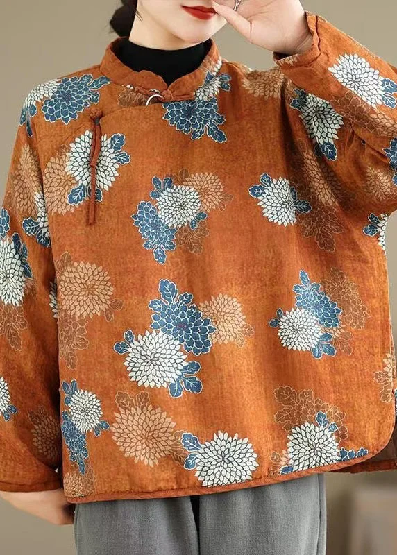 women's tops for those who want to wear versatile pieces that can be dressed up or downWomen Orange Stand Collar Print Fine Cotton Filled Top Spring