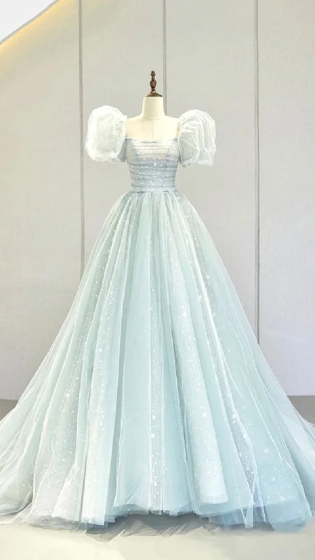 Spaghetti Strap DressA-Line Puff Sleeves Blue Long Prom Dress, Tulle Formal Evening Dress Y2932