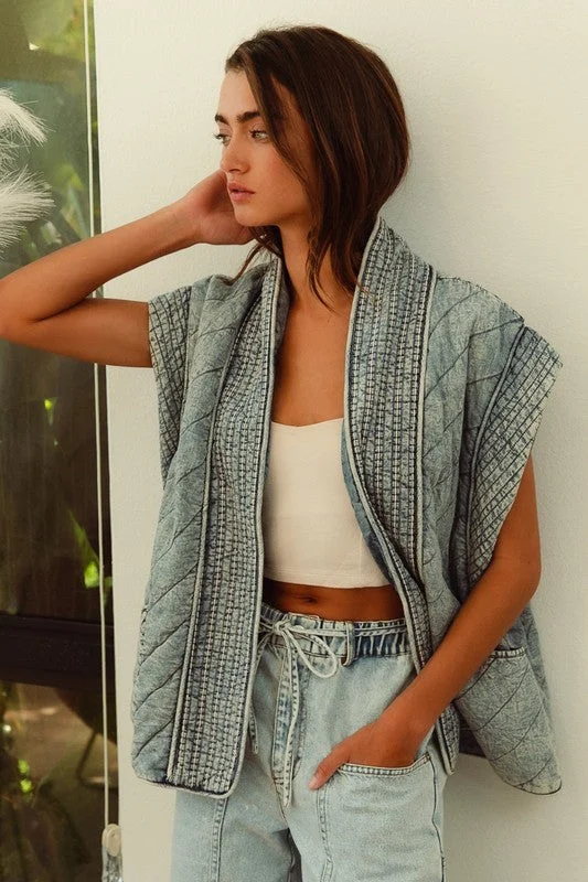 Kay Sleeveless Oversized Open Front Quilted Denim Vest Blue