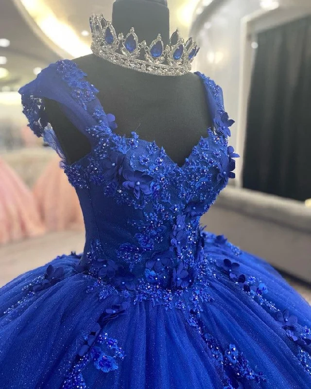 women's flutter-sleeved dressesRoyal Blue Appliques Tulle Ball Gown,Sweet 16 Dress,Princess Dress,Y2478