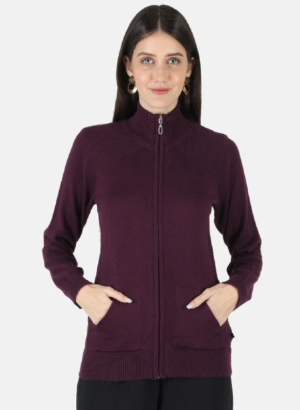 Knitted Crewneck SweatersWomen Purple Solid Cardigan