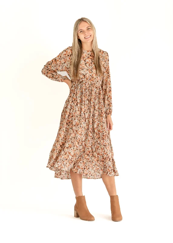 women's silk dressesBrown Floral Pleated Midi Dress