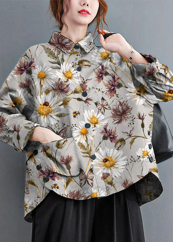 women's tops with cold-shoulder cuts and lace detailingGrey-floral Patchwork Cotton Shirt Top Oversized Pockets Fall