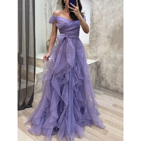 women's luxury dressesOff The Shoulder Purple Tulle Prom Dress,A-line Prom Gown Y5632