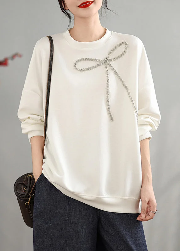 women's tops for those who want to create outfits that reflect their personal style and sense of fashionWhite Loose Cotton Sweatshirts Tops Bow Zircon Spring