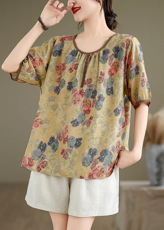 women's tops with unique designsYellow Print Loose Linen T Shirts O Neck Short Sleeve