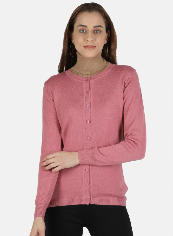 Crewneck Fair Isle SweatersWomen Pink Solid Cardigan