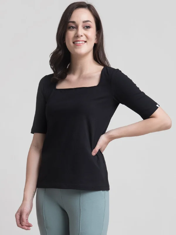 women's tops for those who want to stay cool and chic during warmer weatherCotton Square Neck Knitted T Shirt - Black