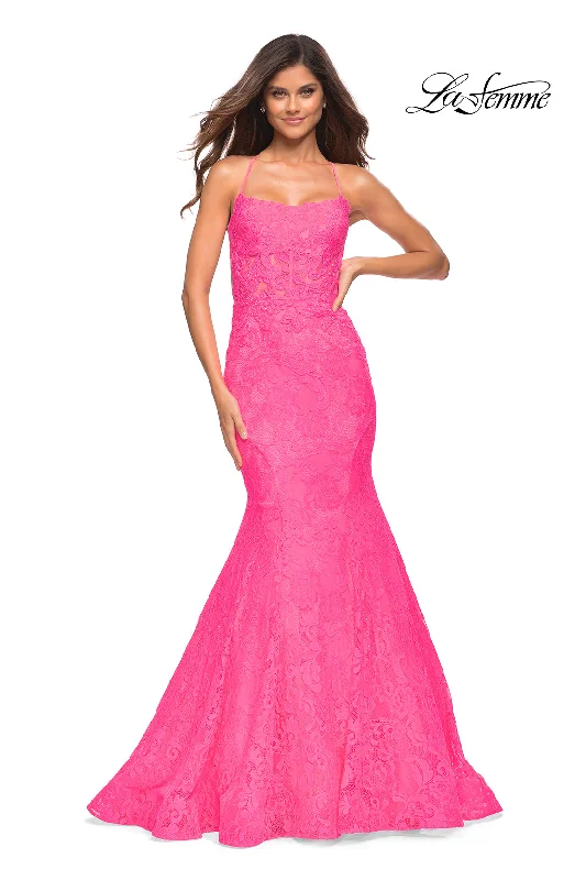 women's wrinkle-resistant dressesBackless La Femme Long Neon Pink Mermaid Prom Gown