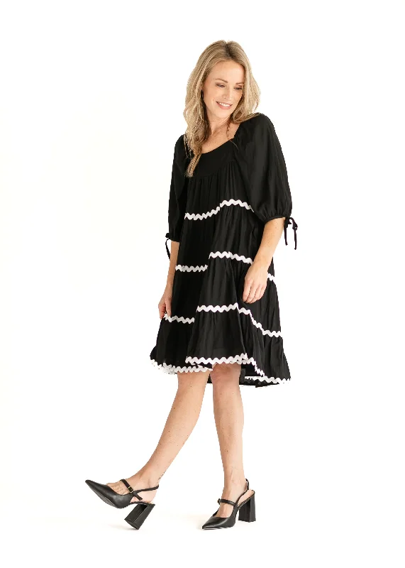 women's midi dressesRicrac Trimmed Tie Sleeve Black Midi Dress