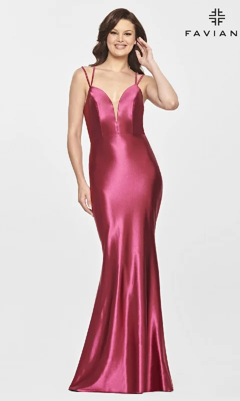 women's wrap dressesFaviana S10810 Raspberry Long Satin Formal Dress