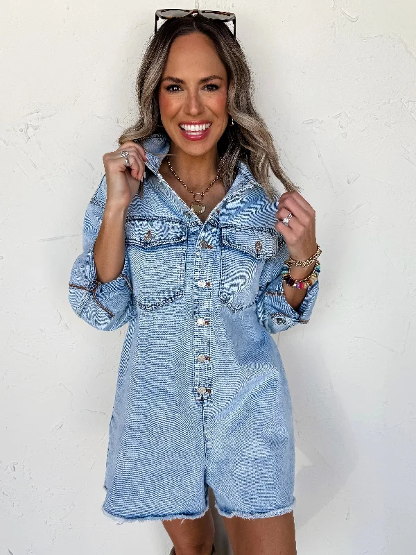 Never Leaving Denim Frayed Hem Romper