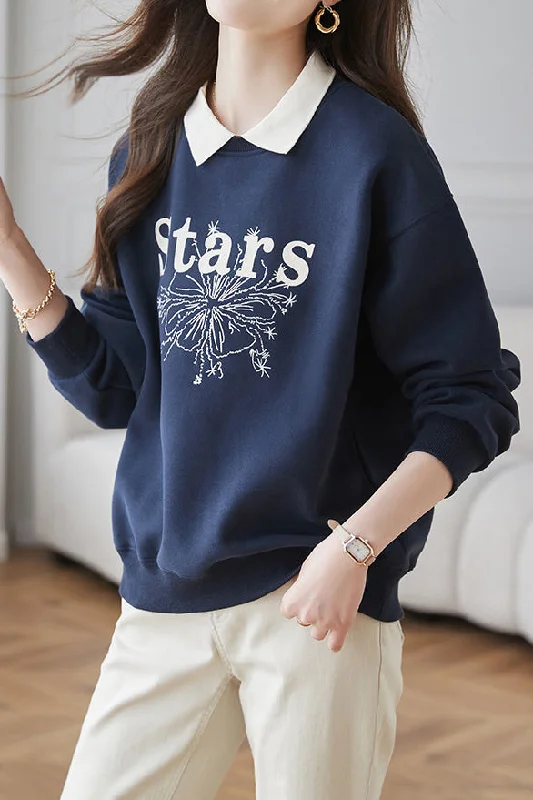 satin women's topsCasual Letter Embroidered Faux Layered Collar Sweatshirt