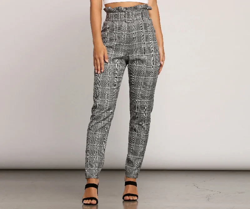 women's petite pantsPaper Bag Plaid Tapered Pants