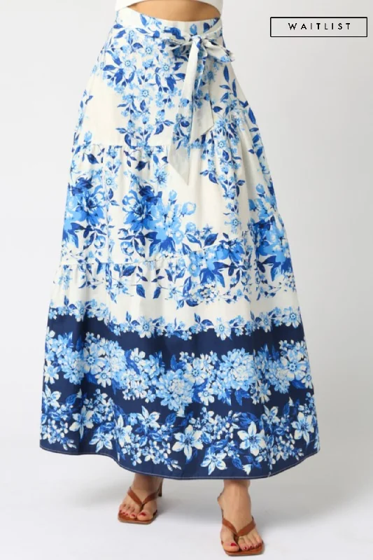 women's fashionable dressesWaitlist 3/20 ♥ Donna High Waist Tie Floral Print Maxi Skirt Blue