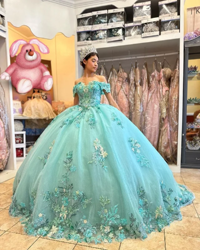 Chiffon DressPuffy Quinceanera Dresses Ball Gown Off The Shoulder Appliques Flowers Mexican Sweet 16 Dresses Y2634