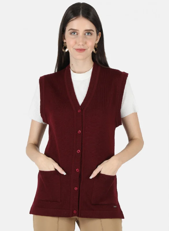 Plus-Size Flannel SweatersWomen Maroon Solid Cardigan