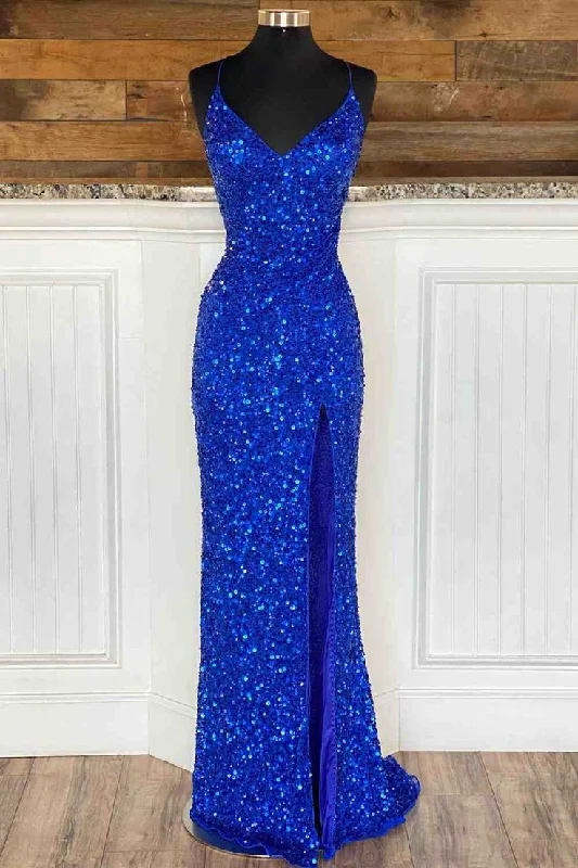 Sweetheart Neckline DressRoyal Blue Lace-Up High Slit Glitter Long Prom Dress Y5733