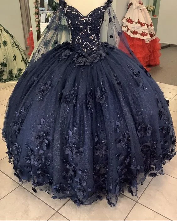 women's long-sleeved dressesWomen's Navy Blue Quinceanera Dresses Appliques Beaded Dresses 3D Flowers Ball Gown,Y2480