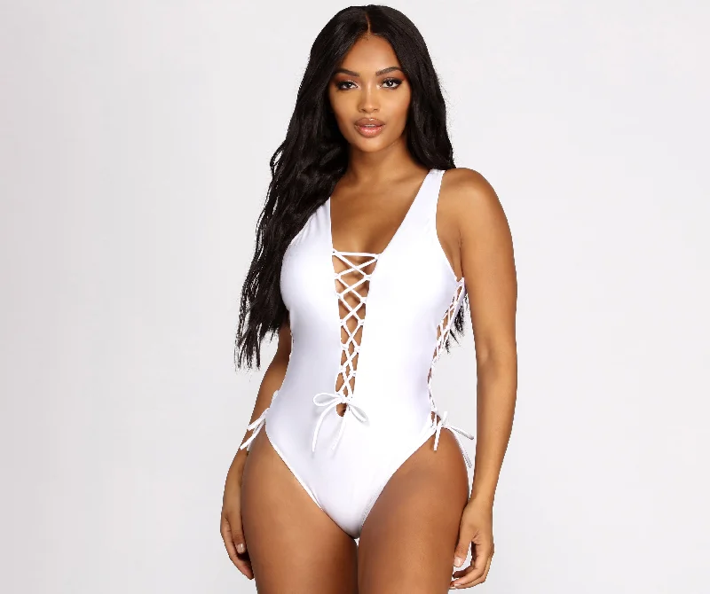 UPF Protection Female SwimwearLaced Up and Ready One Piece Swimsuit