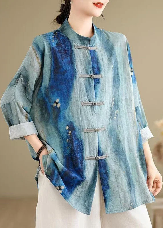 women's tops with embroidery detailsChinese Style Blue Tie Dye Oriental Button Cotton Shirts Spring