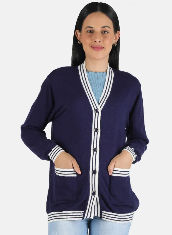 Fashionable Funky Hooded Cashmere SweatersWomen Blue Self Design Cardigan