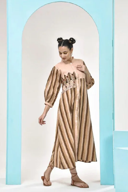 Bow-Tie DressBrown Beige Striped Midi Dress