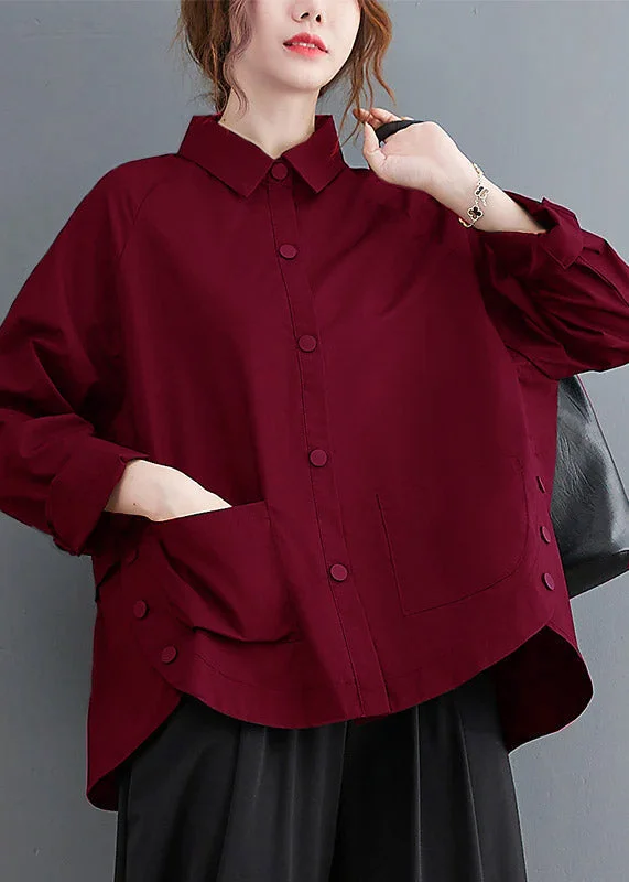 women's tops for layeringWine red Patchwork Cotton Shirt Top Oversized Pockets Fall