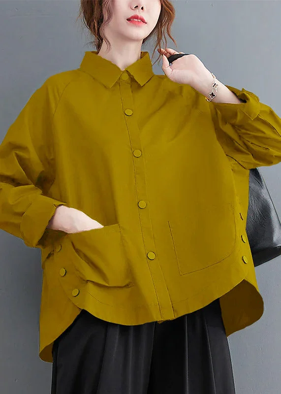 women's tops for beach outingsYellow Patchwork Cotton Shirt Top Oversized Pockets Fall