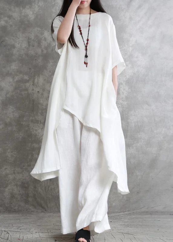 women's tops for casual FridaysOriginal large size irregular cotton and linen suit female long section was thin white shirt wild wide-leg pants