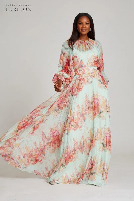 women's wrinkle-resistant dressesPrinted Floral Pleated Maxi Gown