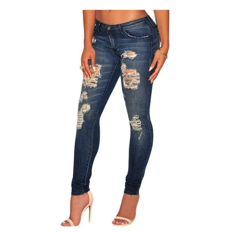 women's denim jeans with floral embroiderySkinny Sandblast Wash Destroyed Ladies Jeans