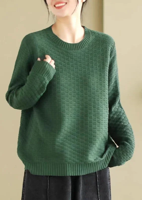 women's tops in solid colorsFrench Green Oversized Plaid Knitted Tops Spring