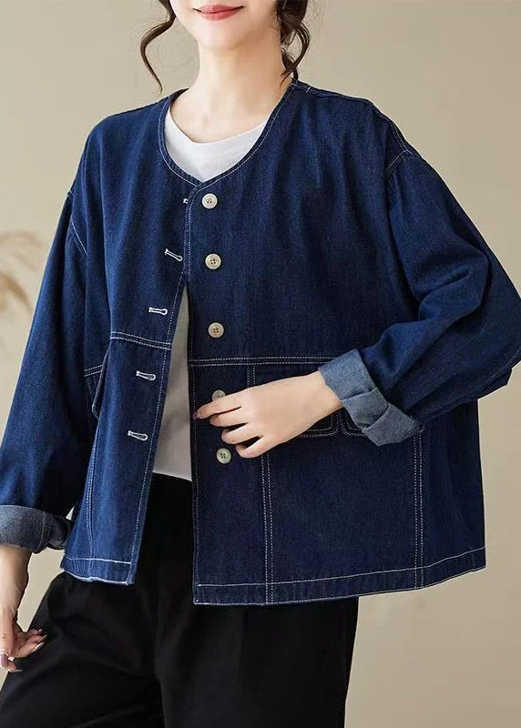 Chic Blue O Neck Button Plus Size Denim Coats Spring