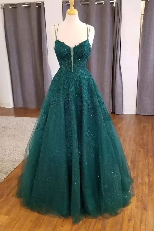 Embellished DressHunter Green Floral Appliques Straps A-Line Prom Dress Y5735