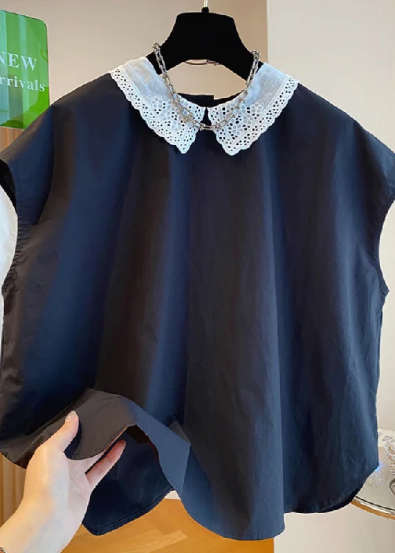 women's tops for vintage fashion enthusiastsChic Black Peter Pan Collar Cotton Shirts Top Summer