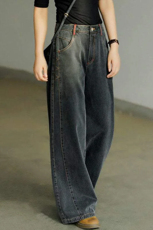 women's trendy dressesColor Block Stitch Decorated Maxi Denim Wide Pants