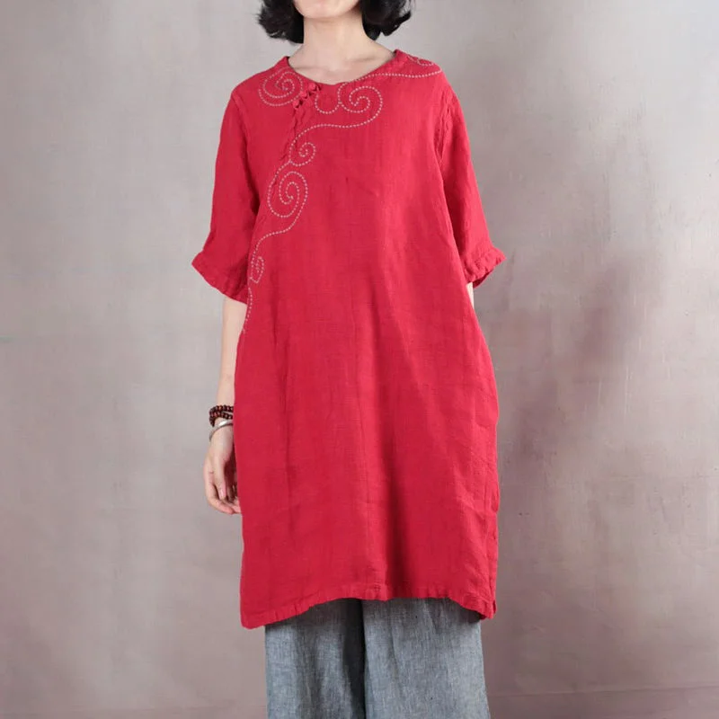 women's tops for those who want to create outfits that are both unique and memorableElegant red pure linen tops plus size linen t shirt boutique half sleeve embroidery fabric O neck linen clothing tops