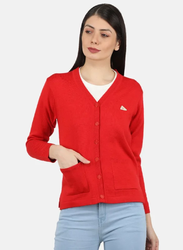 Wool SweatersWomen Red Solid Cardigan