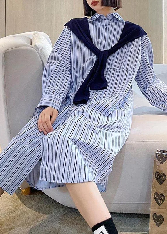 women's high-performance dressy skirtsBlue Stripe Long Patchwork Cape Design Loose Shirt Skirt