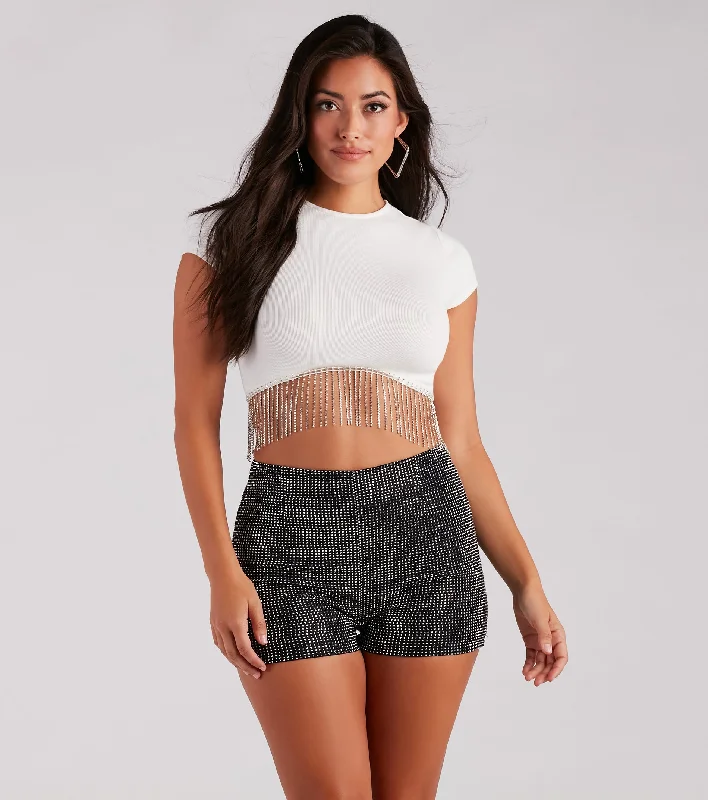 women's tops for those who want to create outfits that reflect their personal style and sense of fashionFlaunt Your Shine Rhinestone Fringe Crop Top