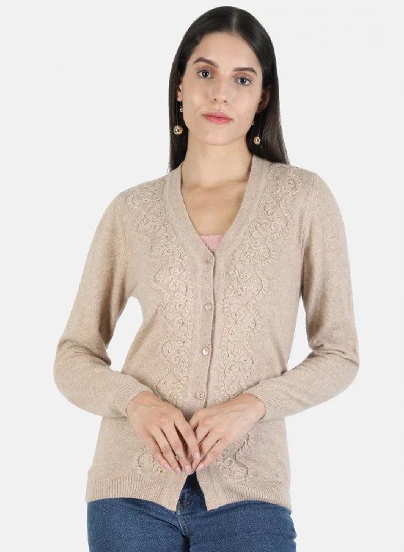 Quick-Dry Soft Knitted SweatersWomen Brown Self Cardigan