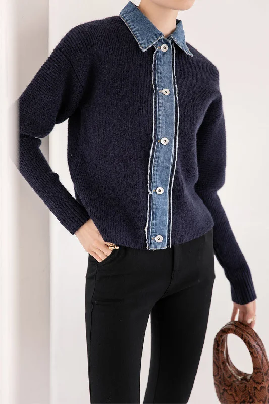 Fringe Decorated Gigot Sleeve Denim Contrast Knit Jacket