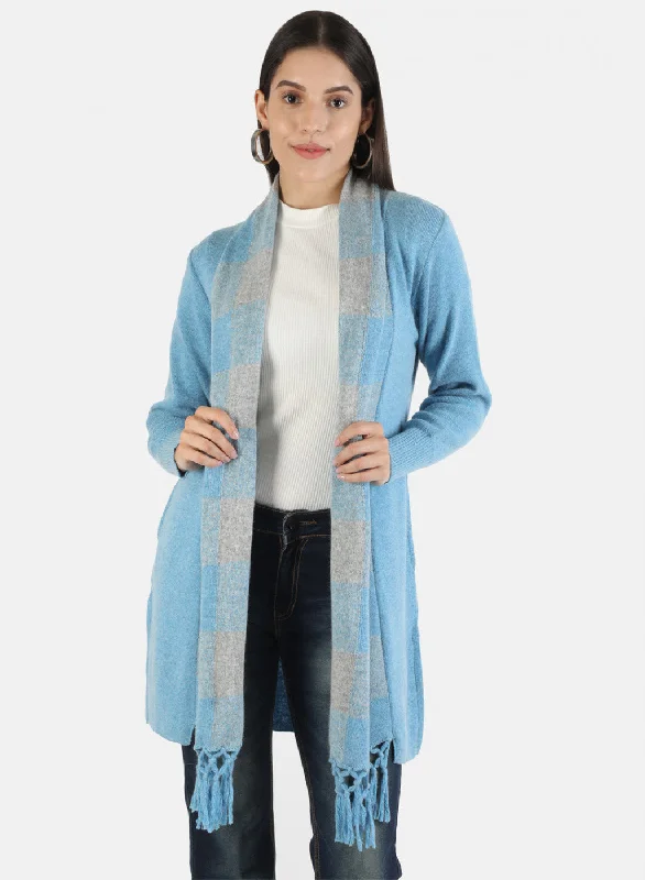 Flannel Knitted Crewneck SweatersWomen Blue Self Cardigan