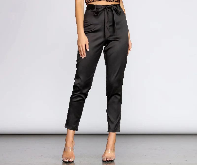 women's chiffon pantsTie Waist Satin Tapered Pants