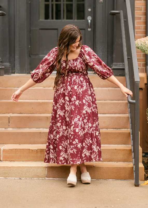 women's off-the-shoulder dressesFloral Textured Print Burgundy Midi Dress - FINAL SALE