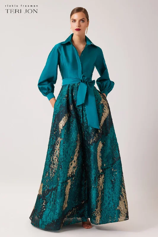 women's tops with beading accentsTaffeta and Metallic Jacquard Shirt Waist Gown